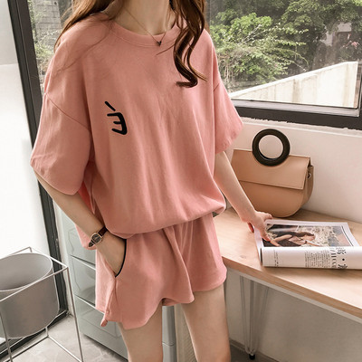 Embroidered leisure sports suit women's summer Korean large loose Embroidered Shorts two piece set