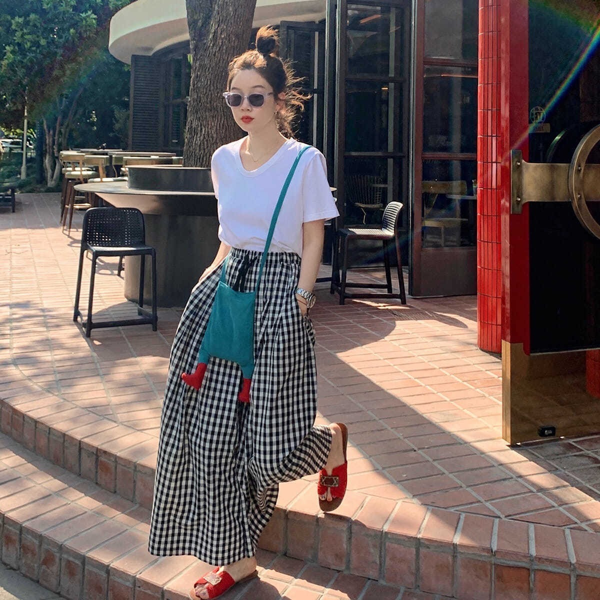 Summer new products 2023 new plaid wide-leg culottes elastic high waist slim all-match trousers loose casual pants women