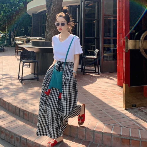 Summer new products  new plaid wide-leg culottes elastic high waist slim all-match trousers loose casual pants women