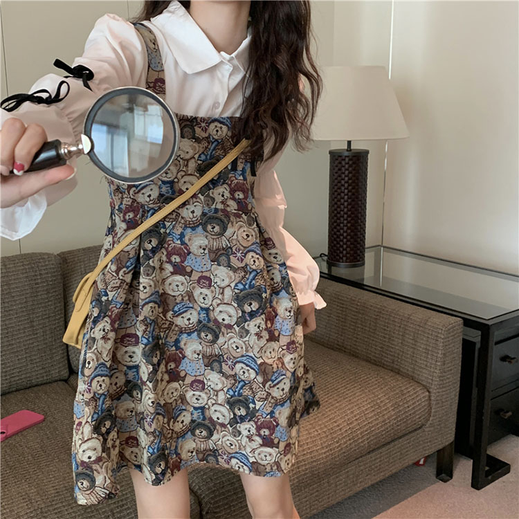 All-match sweet bowknot long-sleeved shirt women's fashion dress fake two-piece bear strap skirt