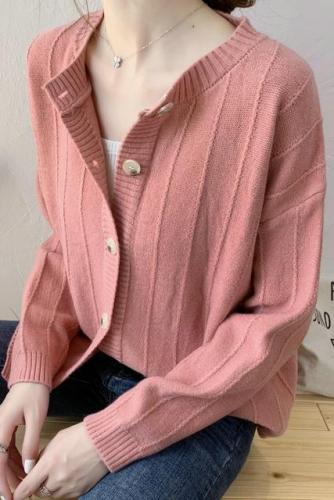 Real shot autumn and winter net red short knitted striped cardigan women's loose sweater coat Korean foreign style top