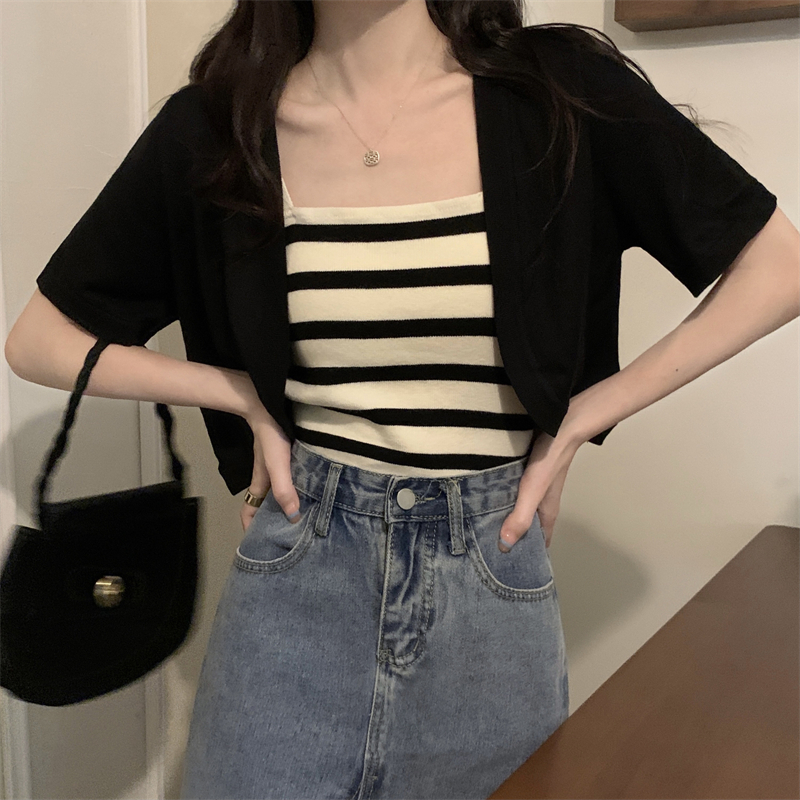 Real shot of new summer short-sleeved knitted cardigan + striped camisole for women