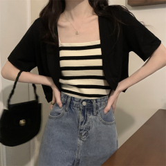 Real shot of new summer short-sleeved knitted cardigan + striped camisole for women