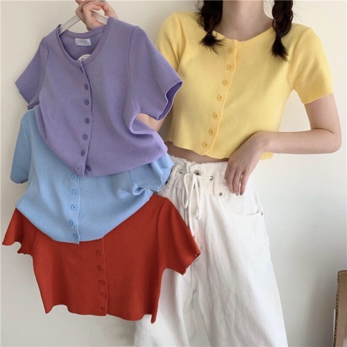 Spring Korean version of INS short T-shirt cardigan top loose short sleeve T-shirt women's fashionable sweater