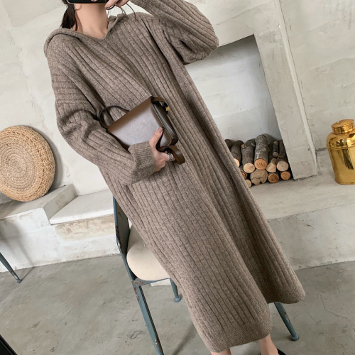 Winter Korean hooded over knee knitted dress 2020 new loose knit skirt with bottom long sweater skirt