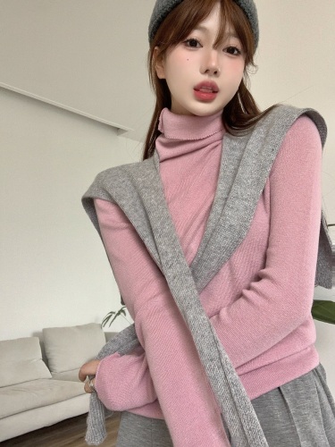 Real price autumn and winter knock soft girl powder high neck backing sweater wool shawl Bib two-piece set