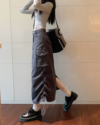2022 autumn new retro tooling skirt women's design sense drawstring high waist a-line skirt