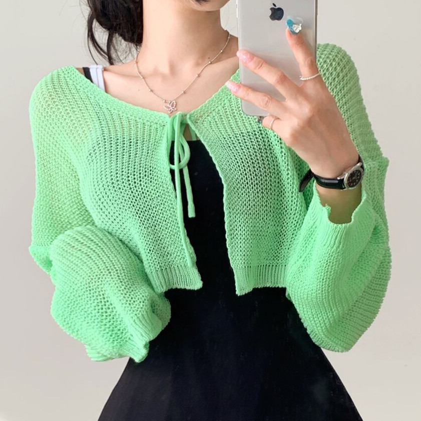 Lace up sunscreen sexy short long sleeve sweater