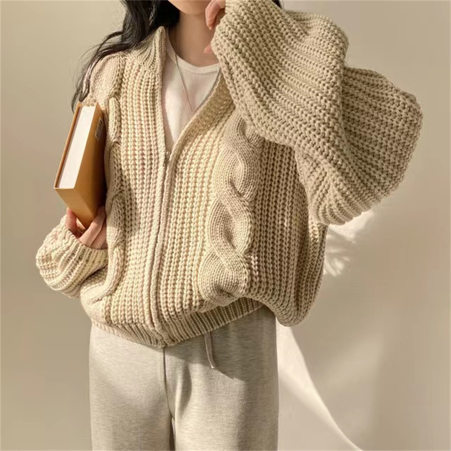 Korean chic autumn and winter new retro lazy loose zipper twist sweater coat women's thick line knitted cardigan