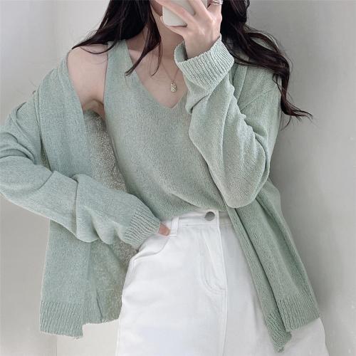 Linen Knit Suit Cool Cardigan Vest Two-piece Summer Air Conditioning Sunscreen Shirt