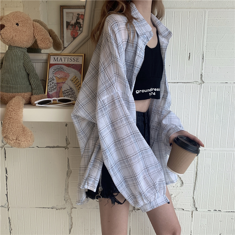 Real price Korean new Plaid Shirt women's casual and versatile sunscreen top