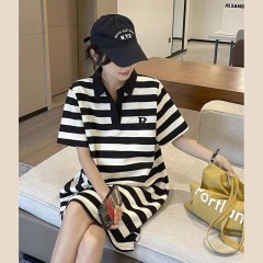 European casual striped dress women's 2022 summer new loose and thin polo collar mid-length T-shirt skirt