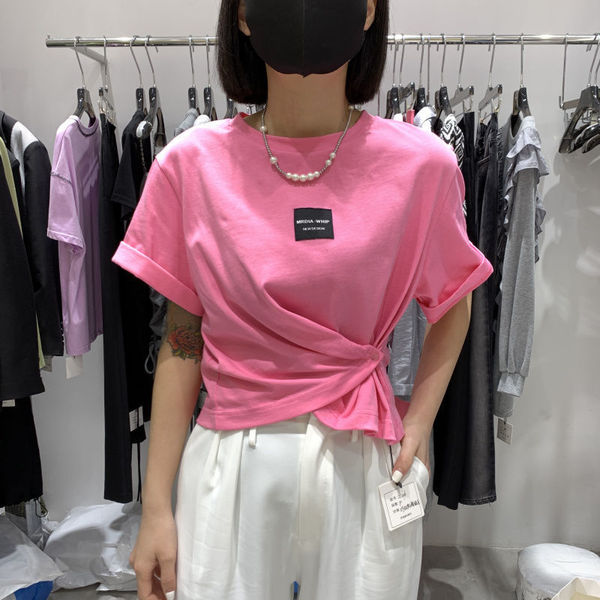 Elegant style pink irregular t-shirt female 2021 summer Korean high waist design sense minority casual short top