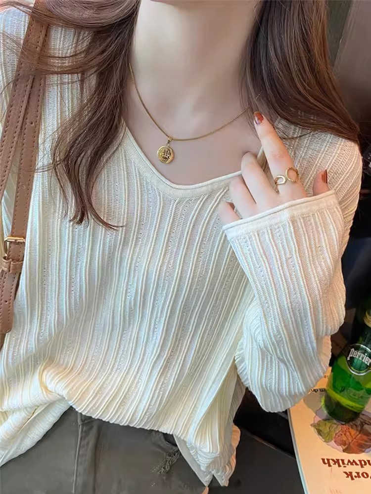 春秋冬薄款小眾設計感內搭毛衣女慵懶寬鬆v領長袖打底針織衫上衣