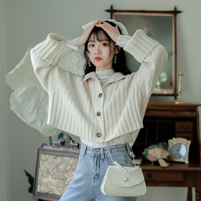 White knitted cardigan coat 2021 spring new women's sweater loose wear lazy style jacket