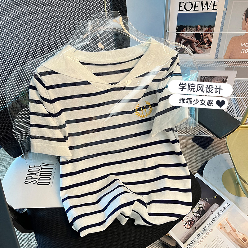 Ice stripe T-shirt short sleeve T-shirt women's Summer Academy Navy collar design thin top