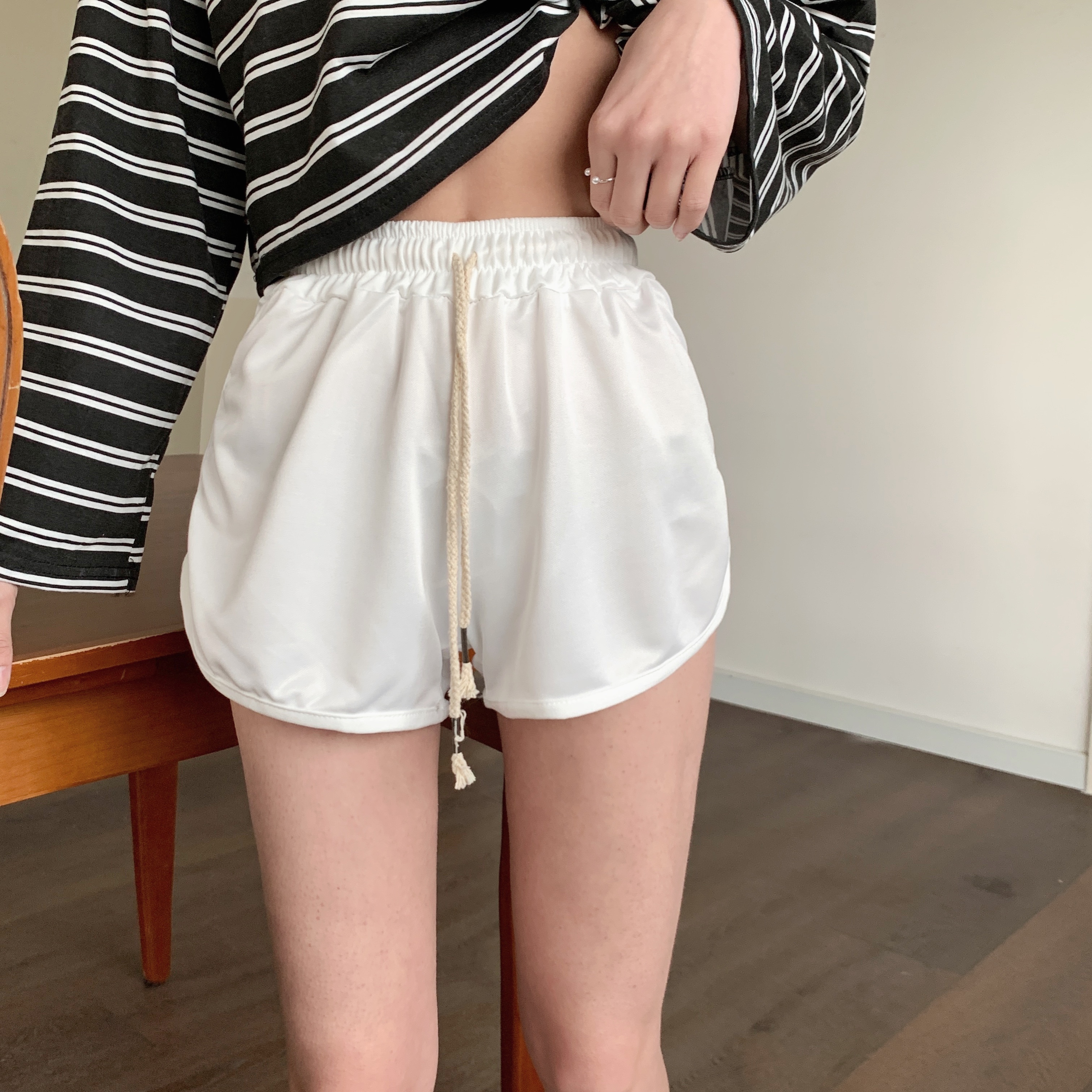 Real price sports shorts women's high waist drawstring slim casual wide leg hot pants
