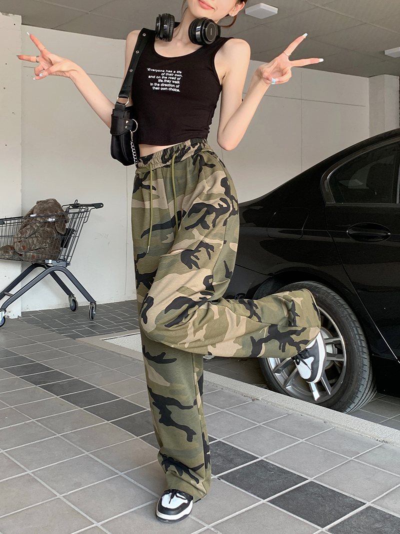 Real shot American retro overalls camouflage hole drawstring wide-leg casual trousers straight sweatpants women