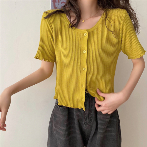 Summer Korean new fashion, foreign style, leisure, thin ice silk, over knitted cardigan, short sleeve, exposed collarbone top, female