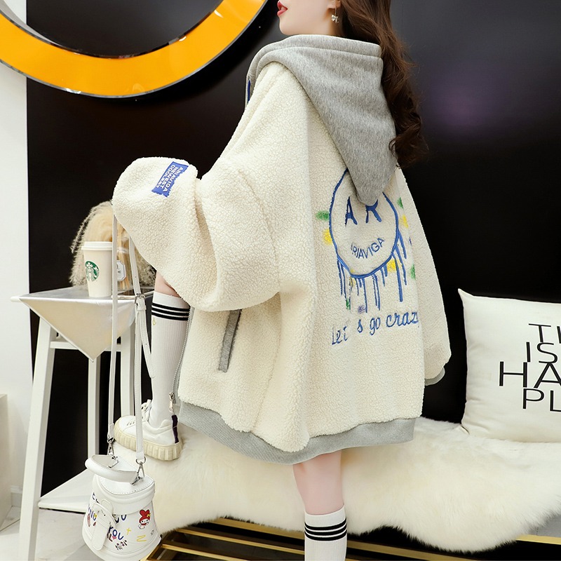 Official picture lamb cashmere matching sweater autumn winter 2022 new lamb cashmere letter embroidery Hooded Jacket Women