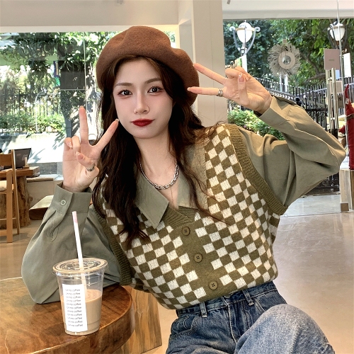 Fake two-piece shirt sleeve checkerboard sweater autumn and winter inner top
