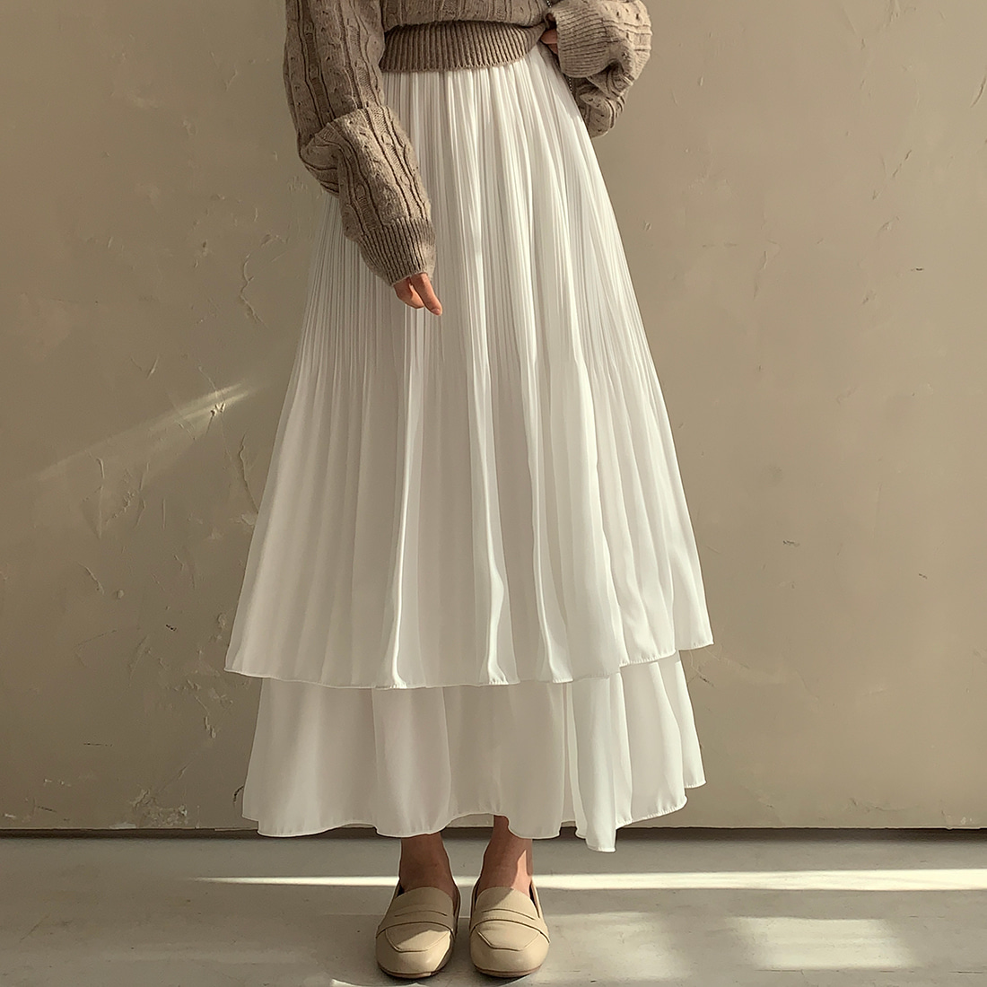 Korean chic early spring versatile pleated double-layer mid-length large skirt skirt