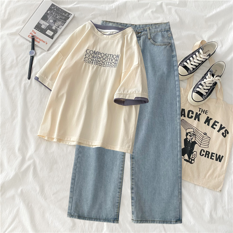 Real shooting of summer large size women's wear thin denim pants short sleeve shirt two-piece suit wrap collar
