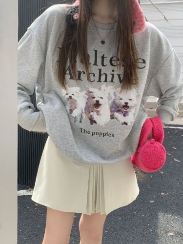 Real price real shot three standard Qi cute puppy dog ​​print letter round neck sweater