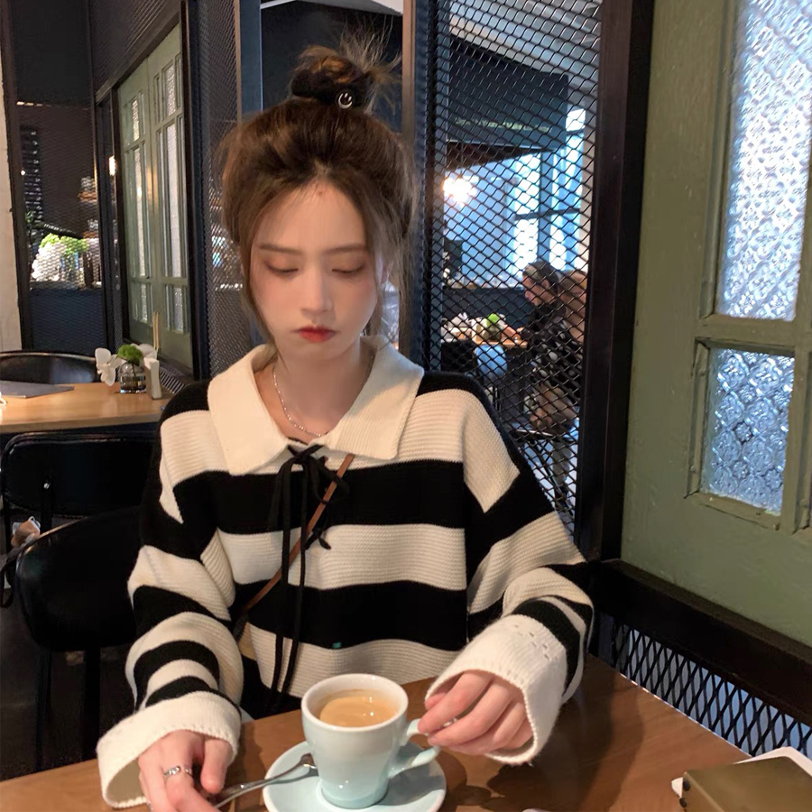 Knitwear women's 2021 Autumn New Retro polo collar sweater design feeling lazy top