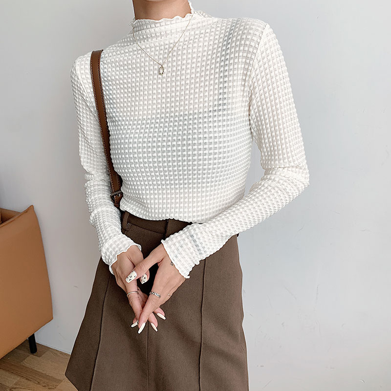 Real shot European semi high neck bottomed shirt women's spring and autumn wear 2022 new texture sense slim Top Long Sleeve T-Shirt