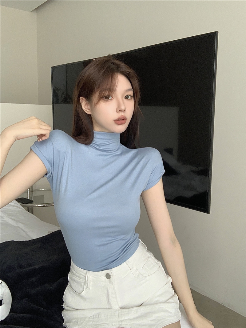 Real price half high collar short sleeve bottoming shirt, versatile fashion top with interior
