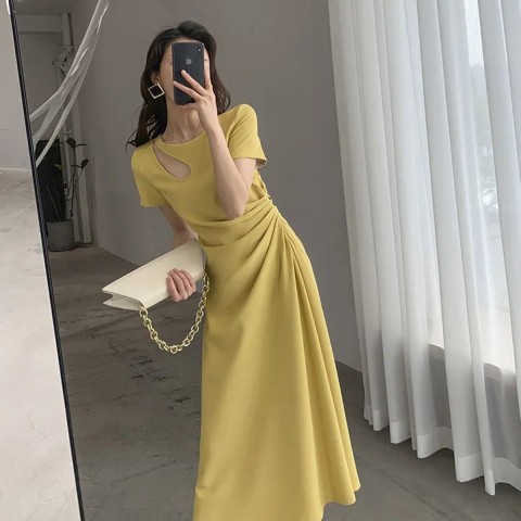 Dress women 2023 summer new hollow French temperament thin design waist Hepburn style long skirt summer niche
