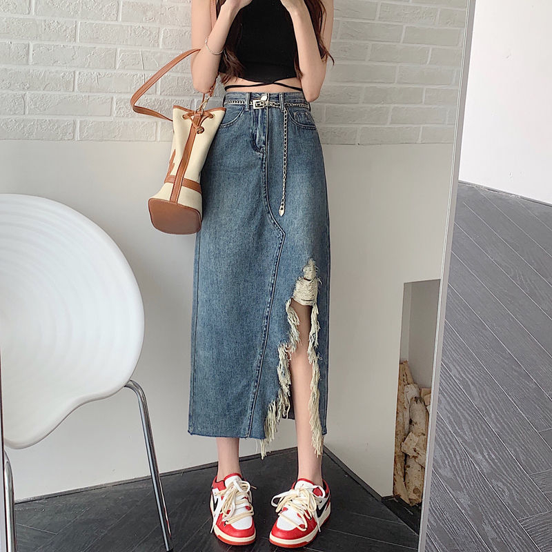 Burnt out Irregular Denim Skirt for Women's Summer Design Sensation: A Small Group Retro High Waist A-line Skirt, Mid length Spicy Girl Half length Skirt