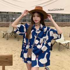 Real shot! Summer new retro oil painting full duck print short sleeve shirt for men and women