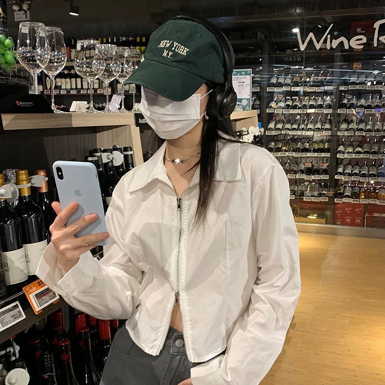 Official picture Short shirt women's spring and autumn new Korean style design sense niche white loose long-sleeved zipper shirt