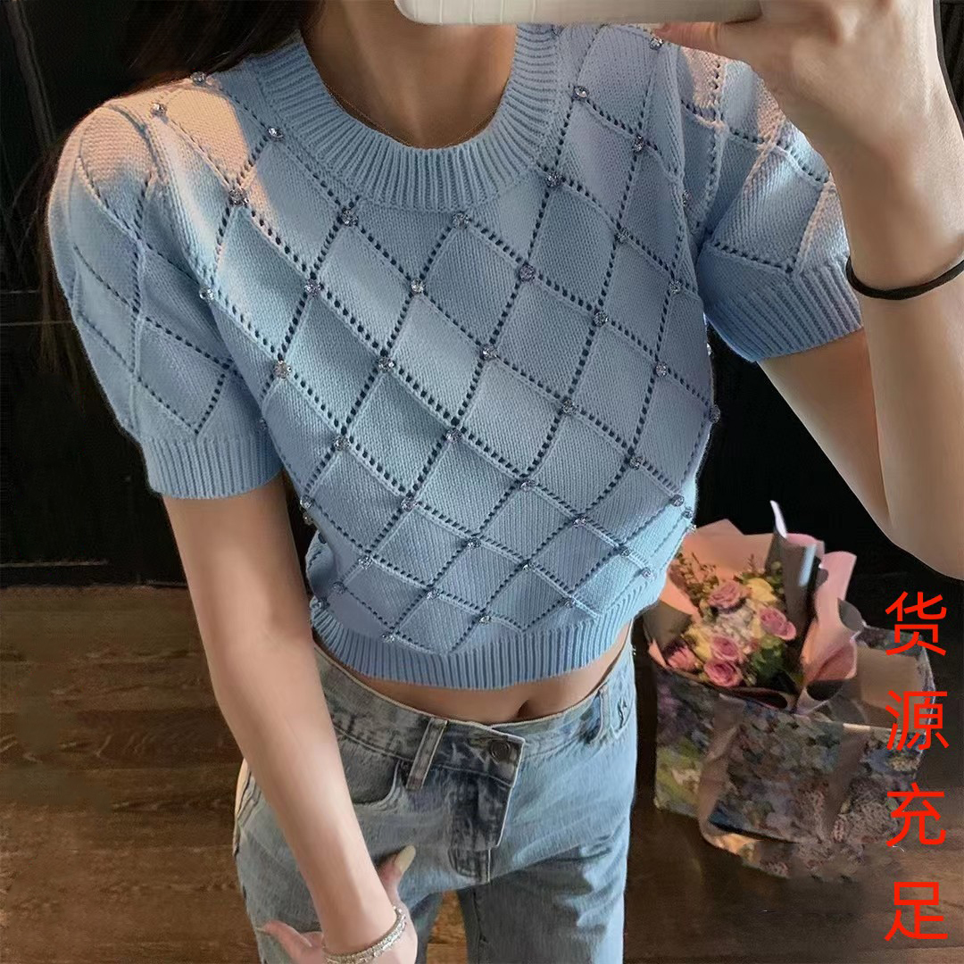 Good Morning Fanfan 2023 new short-sleeved sweater for women with puff sleeves for inner and outer wear, gentle, loose and versatile pure lust top