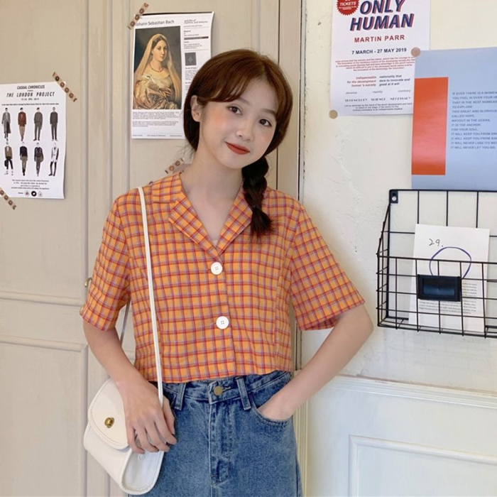New Korean retro suit collar short sleeve shirt women's design