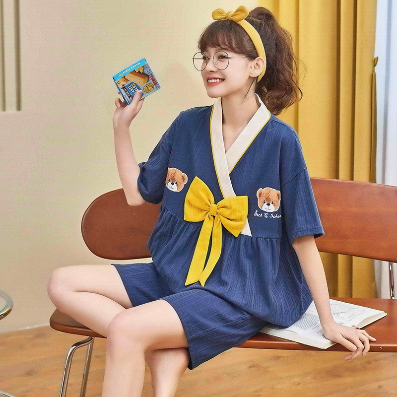Real shooting of new summer pajamas, women's short sleeved kimono collar, combed cotton bow home suit, which can be worn out