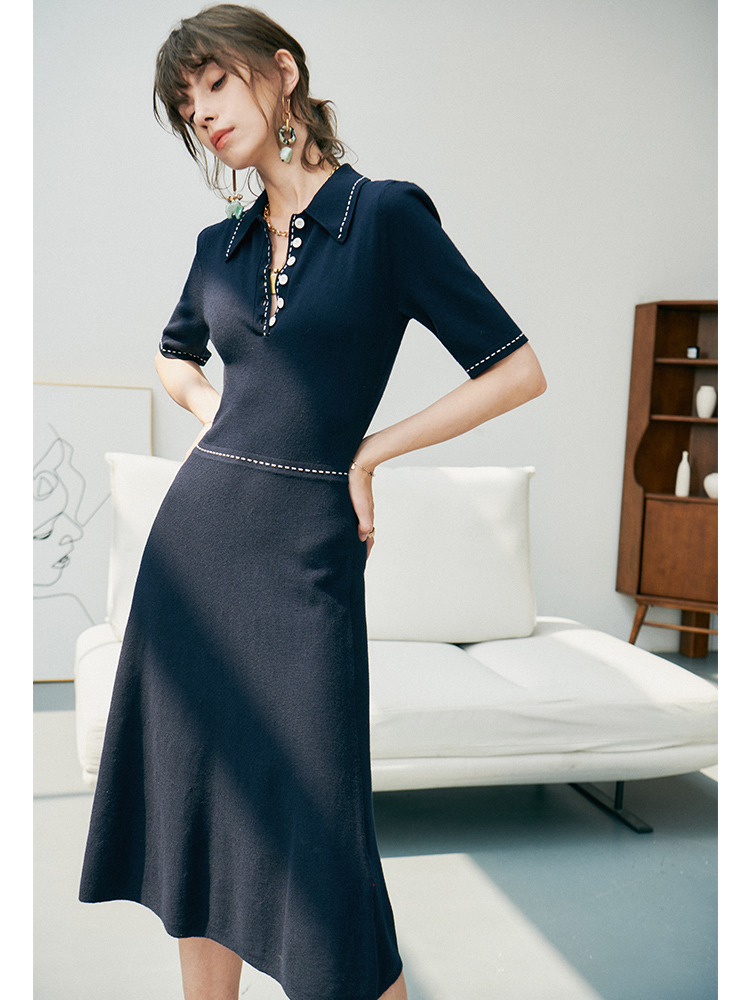 Polo collar contrast line waist long wool knitted dress