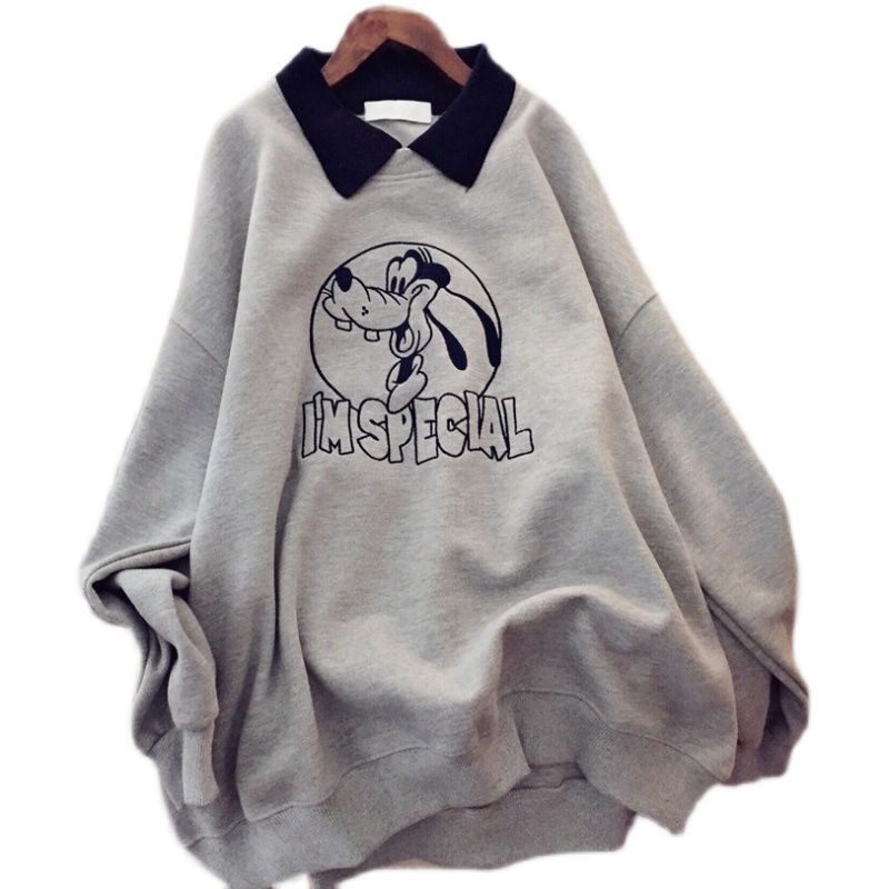 Plus Size Women's 2022 Fall Polo Collar Long Sleeve Loose Pullover Lapel Cartoon Print Sweater Women's Jacket