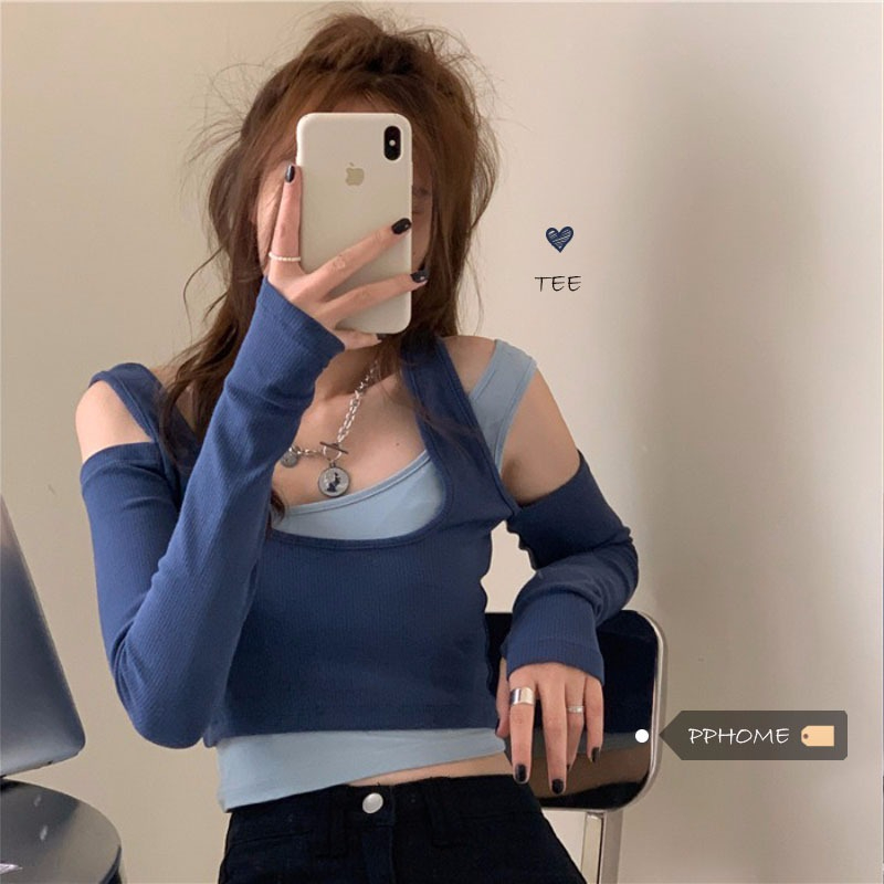 Autumn and winter new 92% rayon 8% spandex 2022 autumn threaded pit strip fake two-piece T-shirt women's long-sleeved top