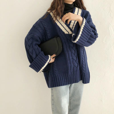 Color blocked thickened V-Neck Sweater female student autumn winter college Korean loose and versatile retro twist knitted coat