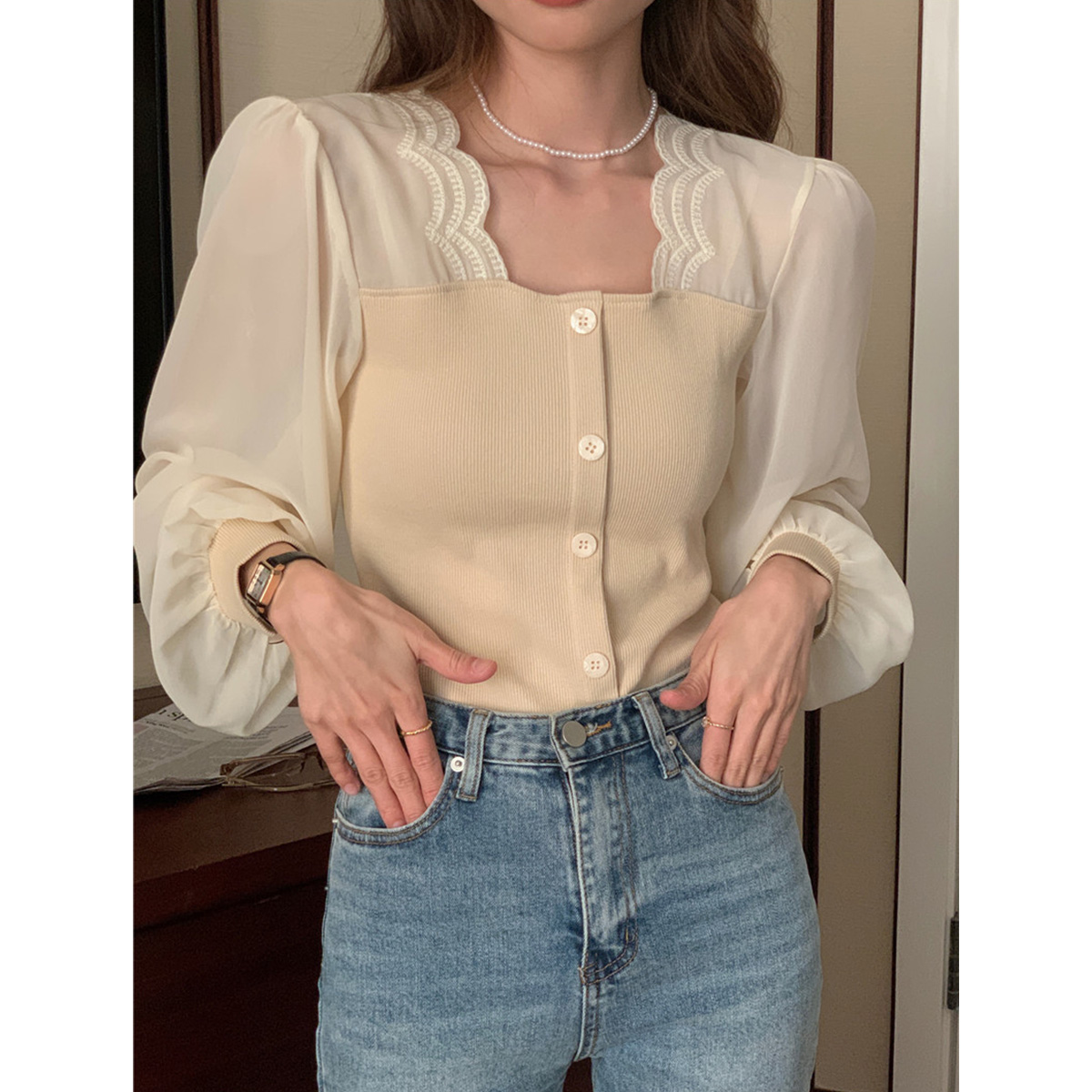 Quality Inspector Figure French Waist Thin Splicing Long Sleeve Shirt Women's New Spring and Autumn Square Collar Puff Sleeve Top
