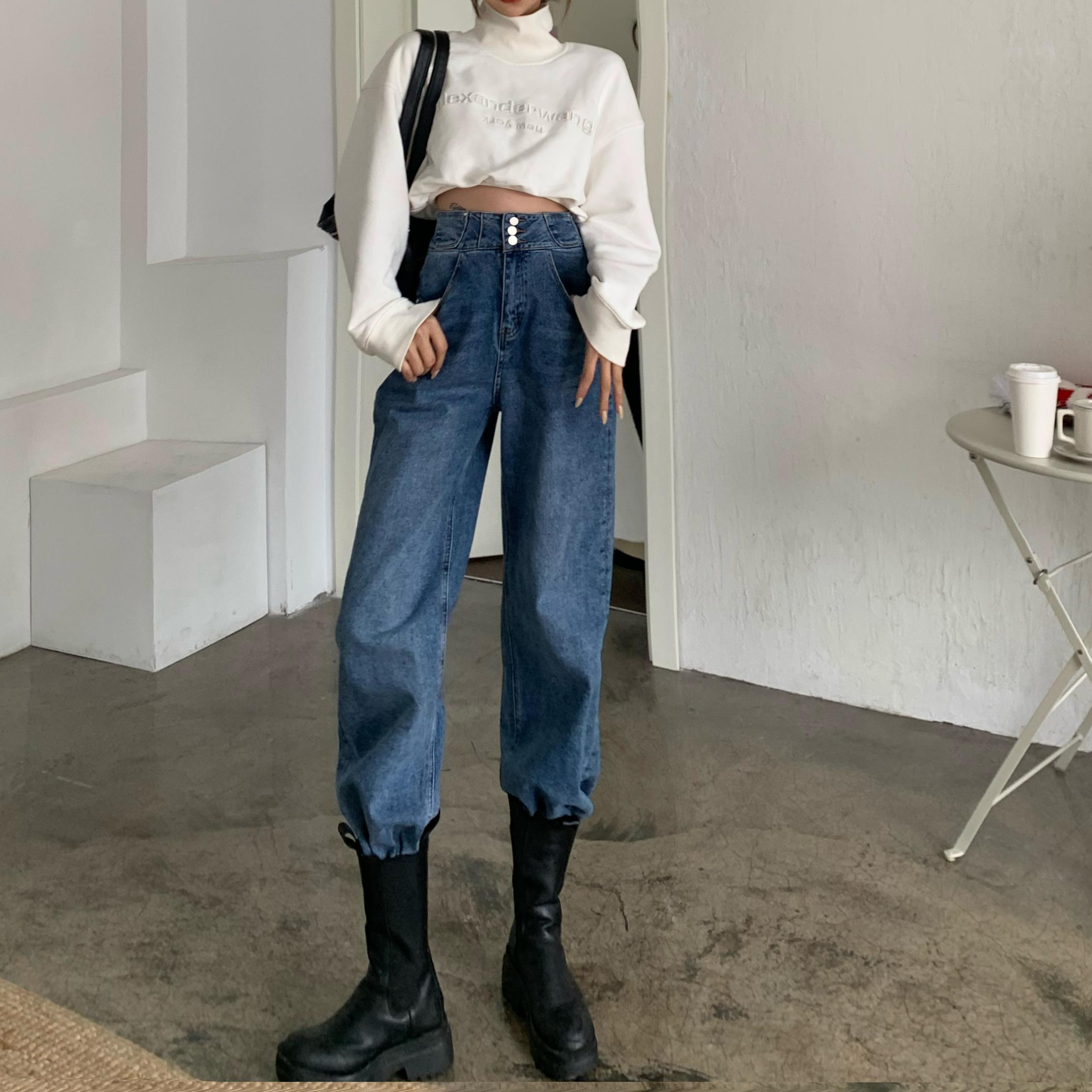 Real auction price!  Fashion Hong Kong-style chic age-reducing jeans slimming retro loose wide-leg pants women's tide