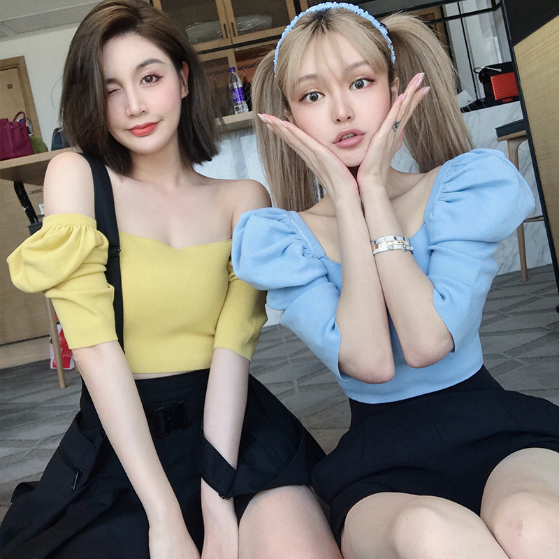 Summer new Korean square neck bubble sleeve T-shirt women's net red jacket