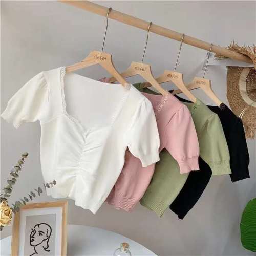 2020 summer new Korean version versatile slim lace splicing bubble sleeve student Knitted Top Bottom