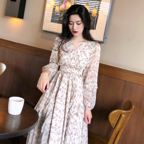 Fairy Floral Chiffon long sleeved dress spring new long high waisted skirt