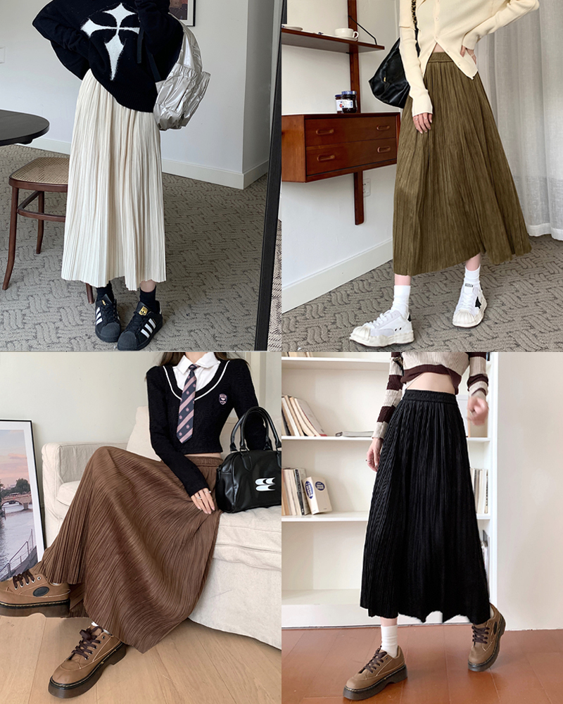 2022 autumn new black pleated skirt women's mid-length all-match high-waist a-line long skirt