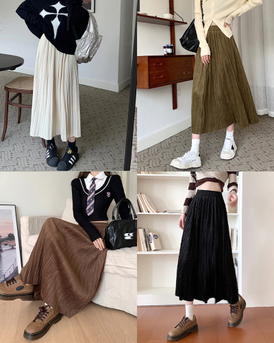  autumn new black pleated skirt women's mid-length all-match high-waist a-line long skirt