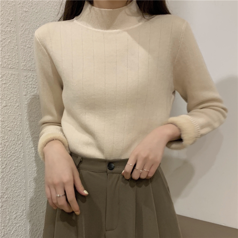 Real shooting real price Warm one mink fur thickening and velvet half turtleneck sweater bottoming long-sleeved knitted sweater women